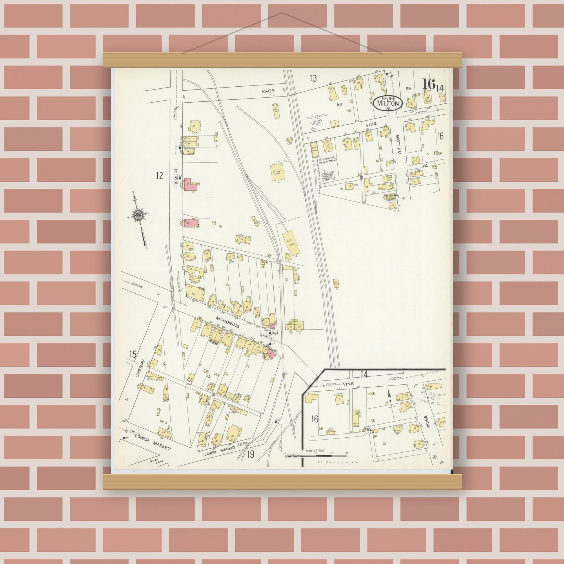 Old map wall art mockup — magnetic wood frame on brick wall — Sanborn Fire Insurance Map from Milton, Northumberland County, Pennsylvania (1913), Sheet #0016