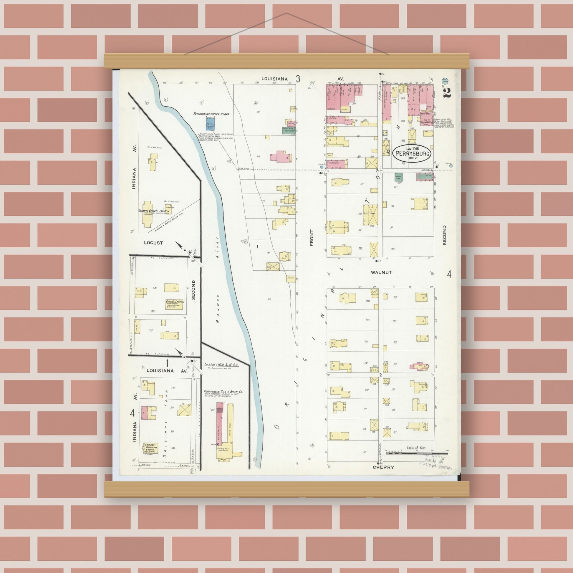 Old map wall art mockup — magnetic wood frame on brick wall — Sanborn Fire Insurance Map from Perrysburg, Wood County, Ohio (1908), Sheet #0002