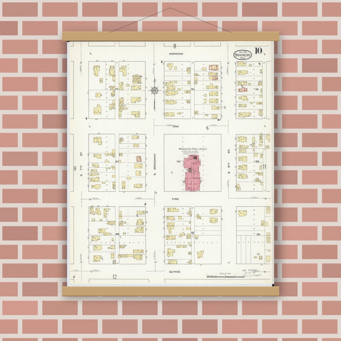 Old map wall art mockup — magnetic wood frame on brick wall — Sanborn Fire Insurance Map from Brainerd, Crow Wing County, Minnesota (1913), Sheet #0010