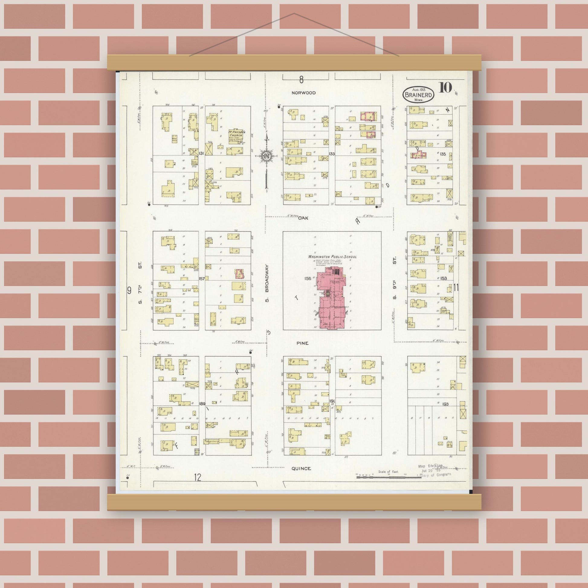 Old map wall art mockup — magnetic wood frame on brick wall — Sanborn Fire Insurance Map from Brainerd, Crow Wing County, Minnesota (1913), Sheet #0010