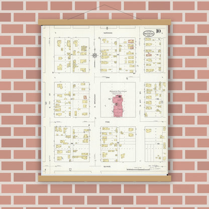 Old map wall art mockup — magnetic wood frame on brick wall — Sanborn Fire Insurance Map from Brainerd, Crow Wing County, Minnesota (1913), Sheet #0010