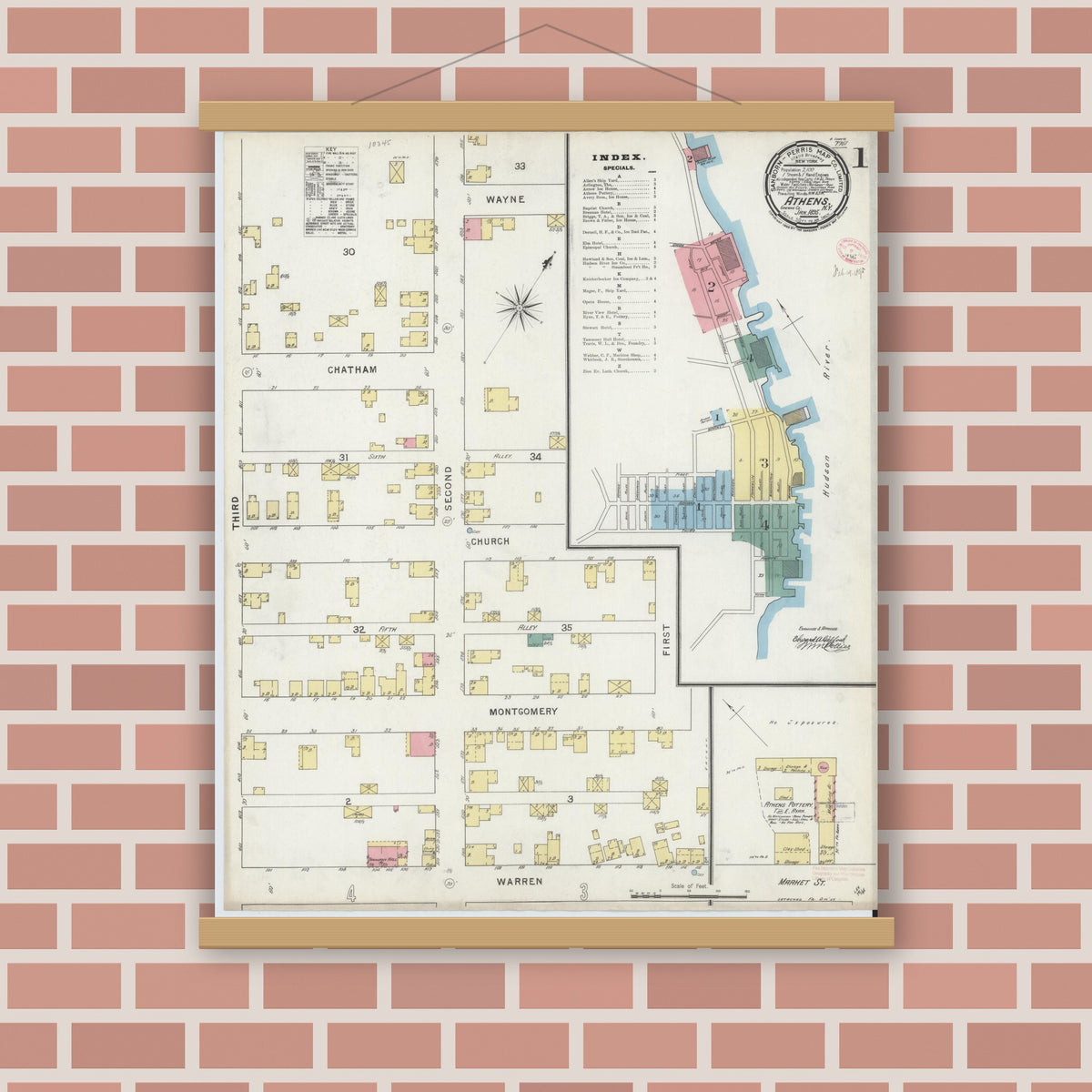 Old map wall art mockup — magnetic wood frame on brick wall — Sanborn Fire Insurance Map from Athens, Greene County, New York (1895), Sheet #0001