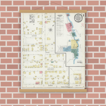 Old map wall art mockup — magnetic wood frame on brick wall — Sanborn Fire Insurance Map from Athens, Greene County, New York (1895), Sheet #0001