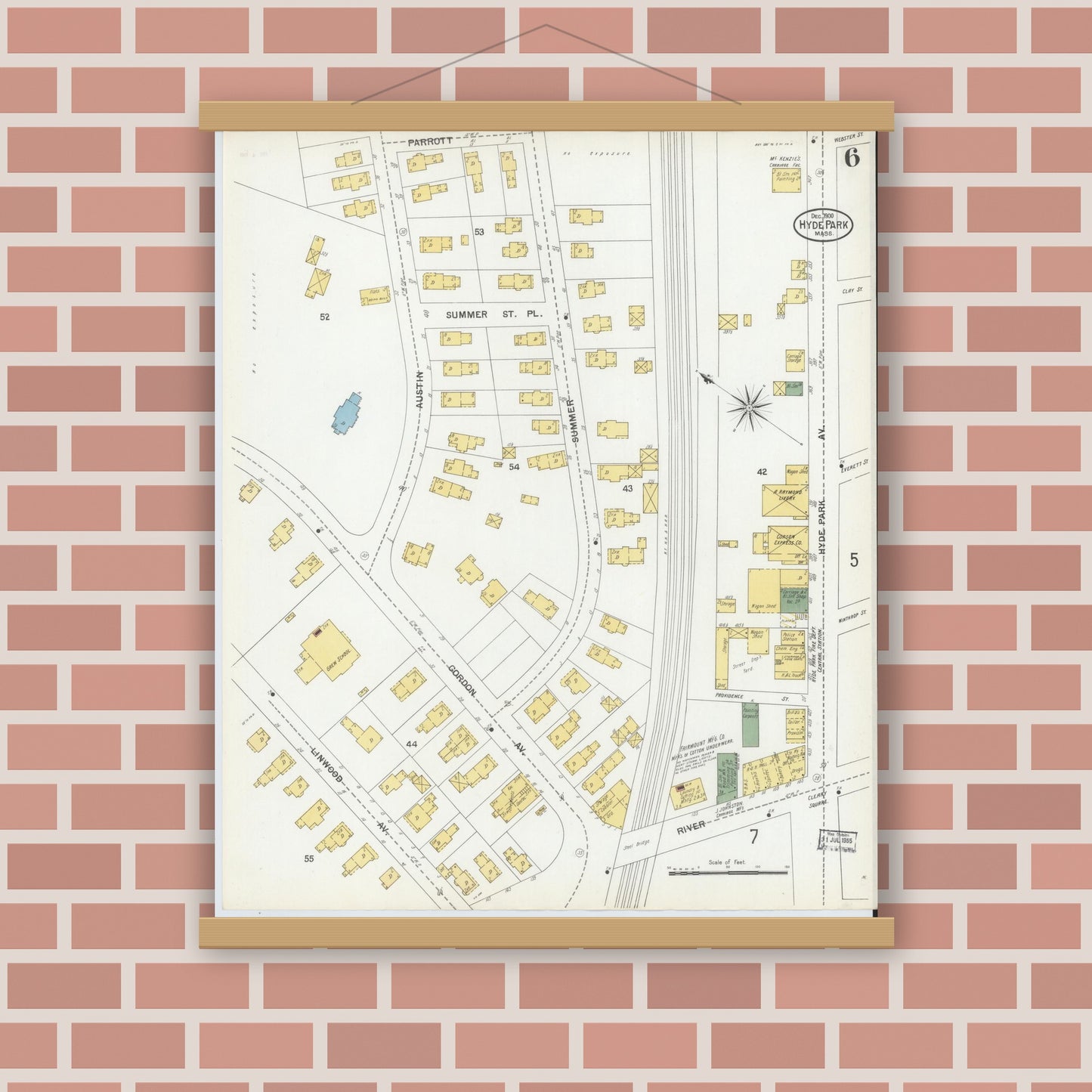 Old map wall art mockup — magnetic wood frame on brick wall — Sanborn Fire Insurance Map from Hyde Park, Norfolk County, Massachusetts (1900), Sheet #0006