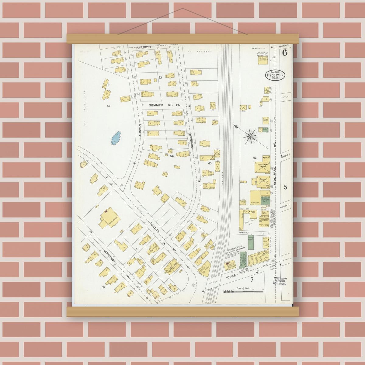 Old map wall art mockup — magnetic wood frame on brick wall — Sanborn Fire Insurance Map from Hyde Park, Norfolk County, Massachusetts (1900), Sheet #0006