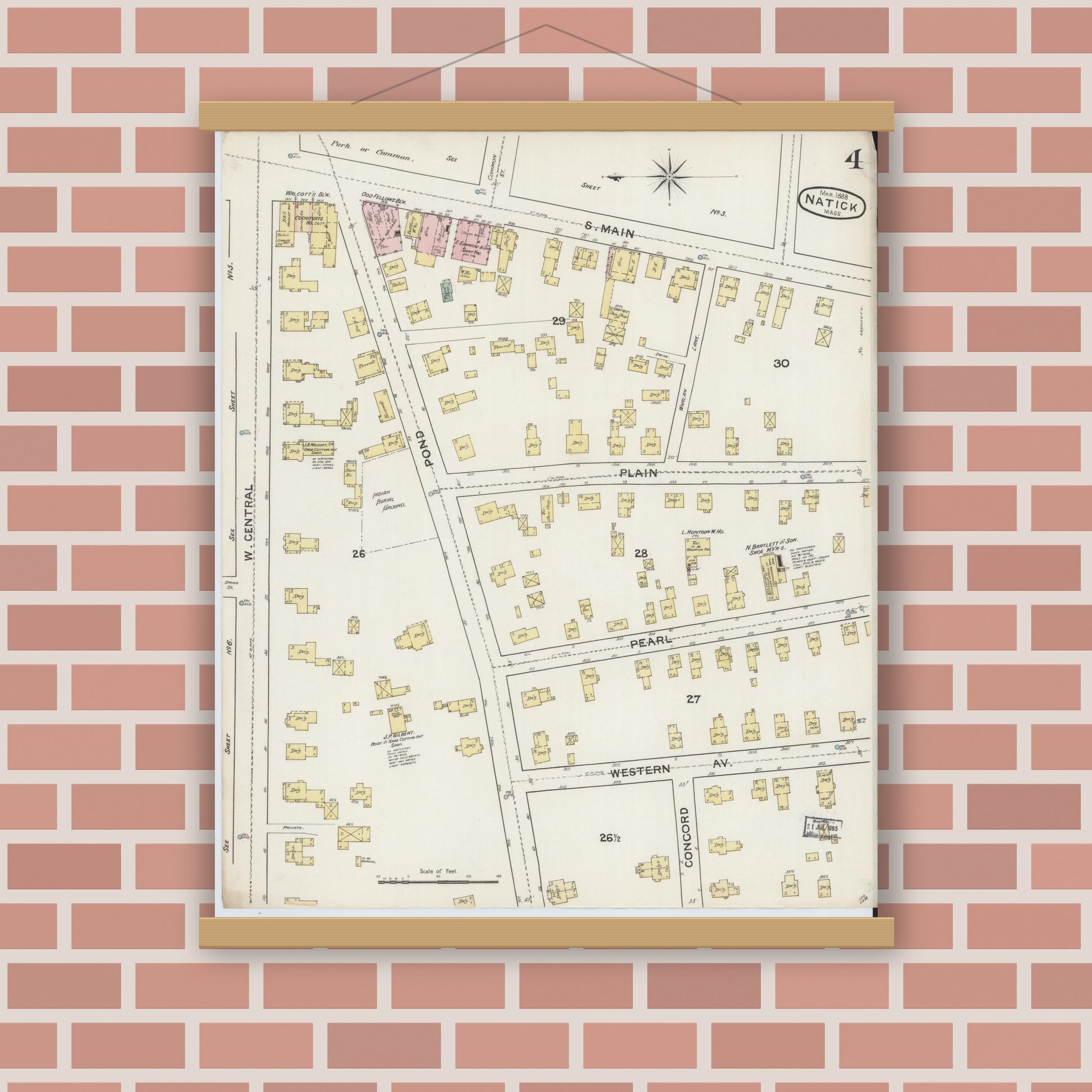 Old map wall art mockup — magnetic wood frame on brick wall — Sanborn Fire Insurance Map from Natick, Middlesex County, Massachusetts (1888), Sheet #0004