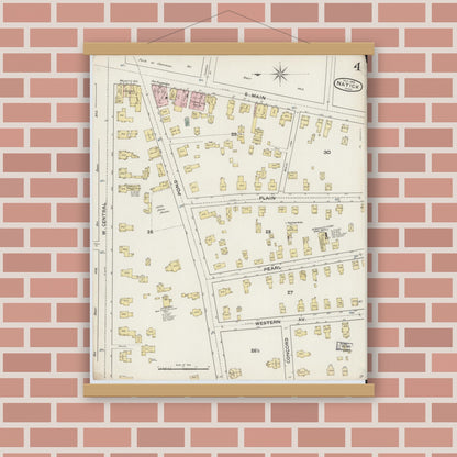 Old map wall art mockup — magnetic wood frame on brick wall — Sanborn Fire Insurance Map from Natick, Middlesex County, Massachusetts (1888), Sheet #0004