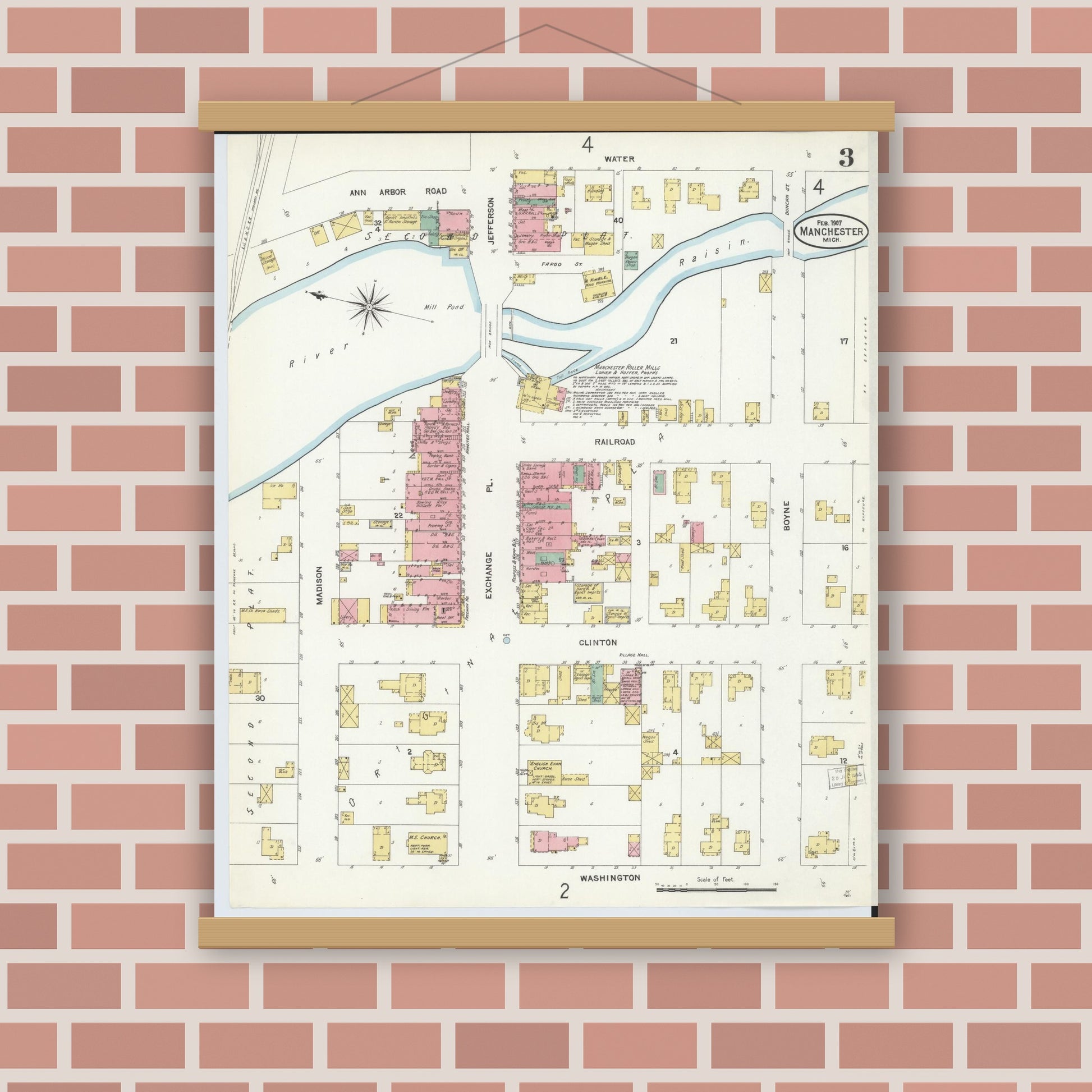 Old map wall art mockup — magnetic wood frame on brick wall — Sanborn Fire Insurance Map from Manchester, Washtenaw County, Michigan (1907), Sheet #0003