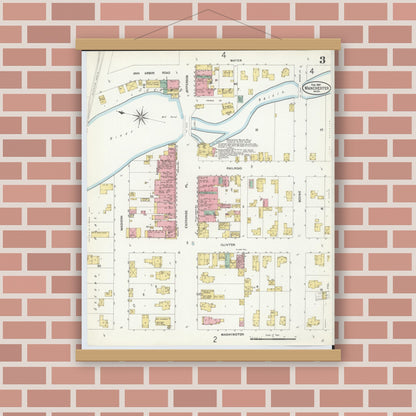 Old map wall art mockup — magnetic wood frame on brick wall — Sanborn Fire Insurance Map from Manchester, Washtenaw County, Michigan (1907), Sheet #0003