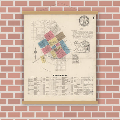 Old map wall art mockup — magnetic wood frame on brick wall — Sanborn Fire Insurance Map from El Campo, Wharton County, Texas (1922) - Complete Map Set