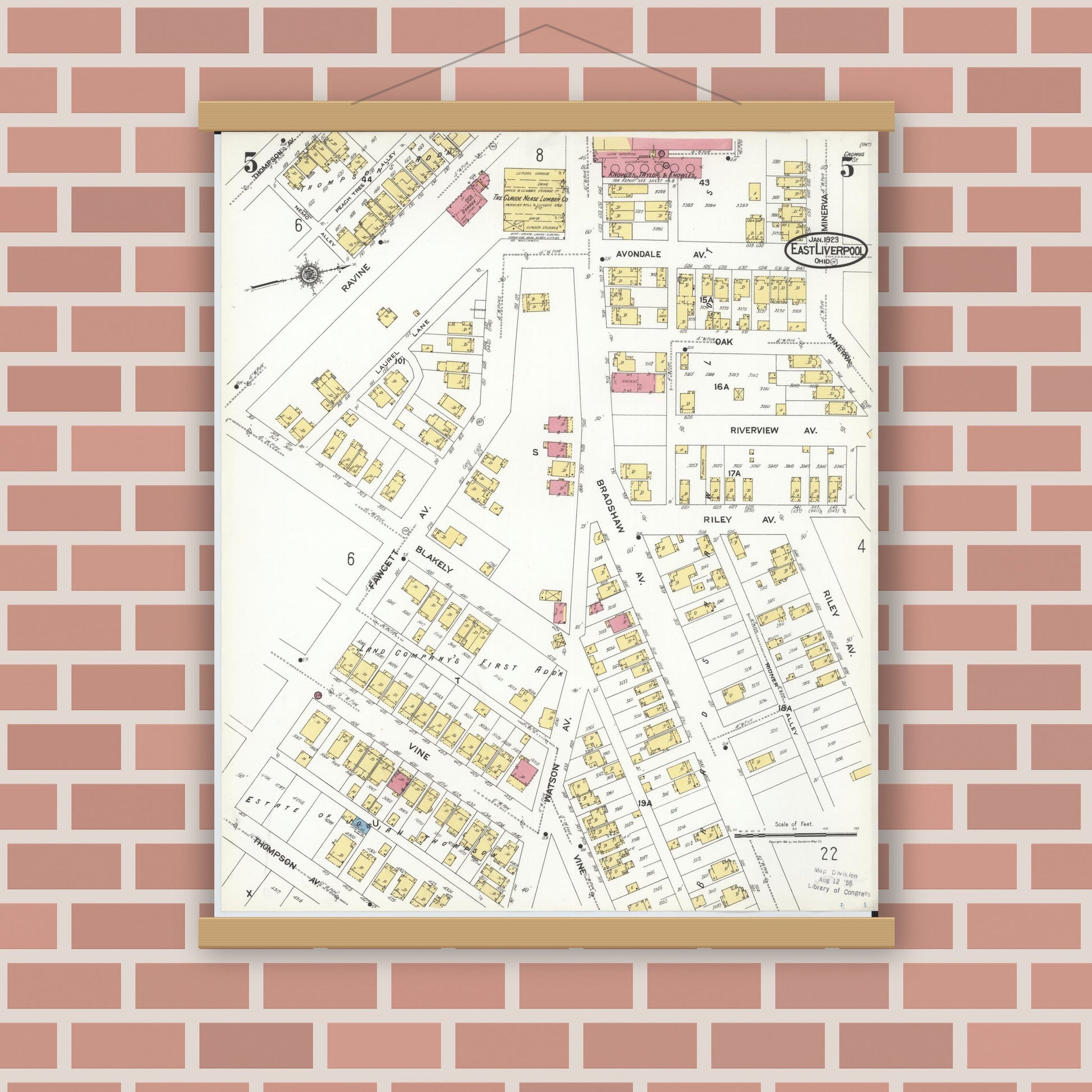 Old map wall art mockup — magnetic wood frame on brick wall — Sanborn Fire Insurance Map from East Liverpool, Columbiana County, Ohio (1923), Sheet #0005