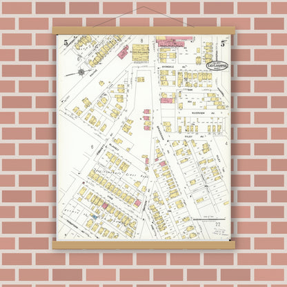Old map wall art mockup — magnetic wood frame on brick wall — Sanborn Fire Insurance Map from East Liverpool, Columbiana County, Ohio (1923), Sheet #0005