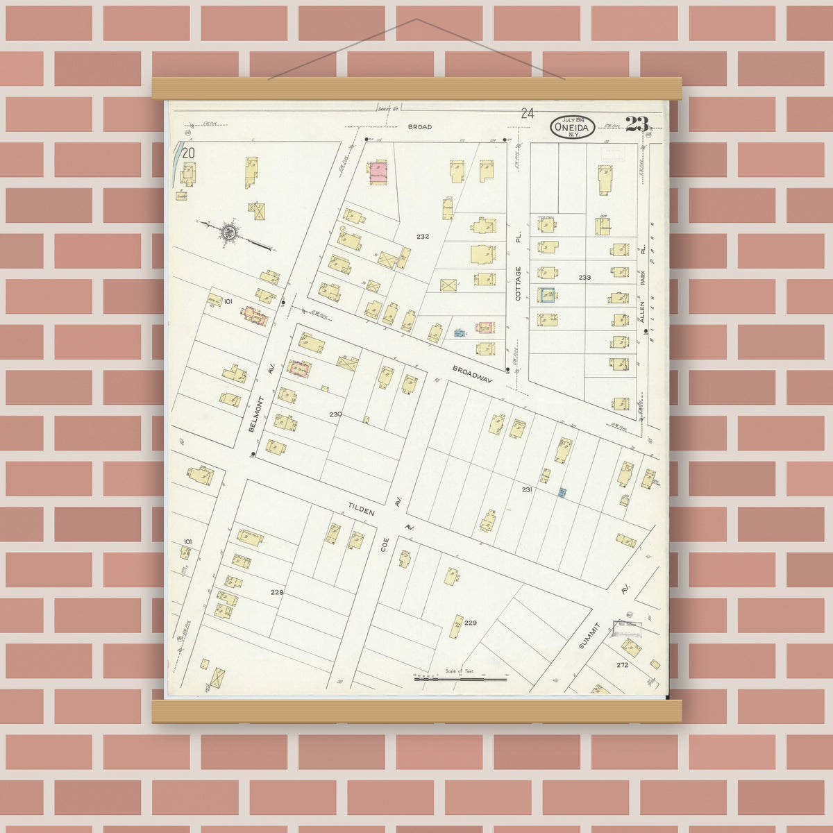 Old map wall art mockup — magnetic wood frame on brick wall — Sanborn Fire Insurance Map from Oneida, Madison County, New York (1914), Sheet #0023