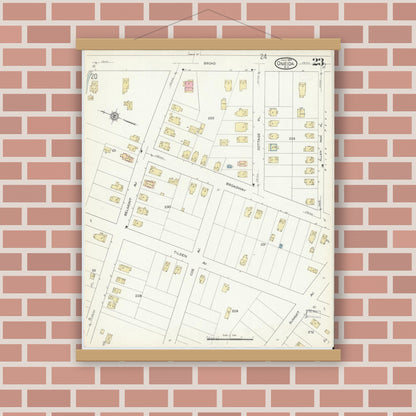 Old map wall art mockup — magnetic wood frame on brick wall — Sanborn Fire Insurance Map from Oneida, Madison County, New York (1914), Sheet #0023