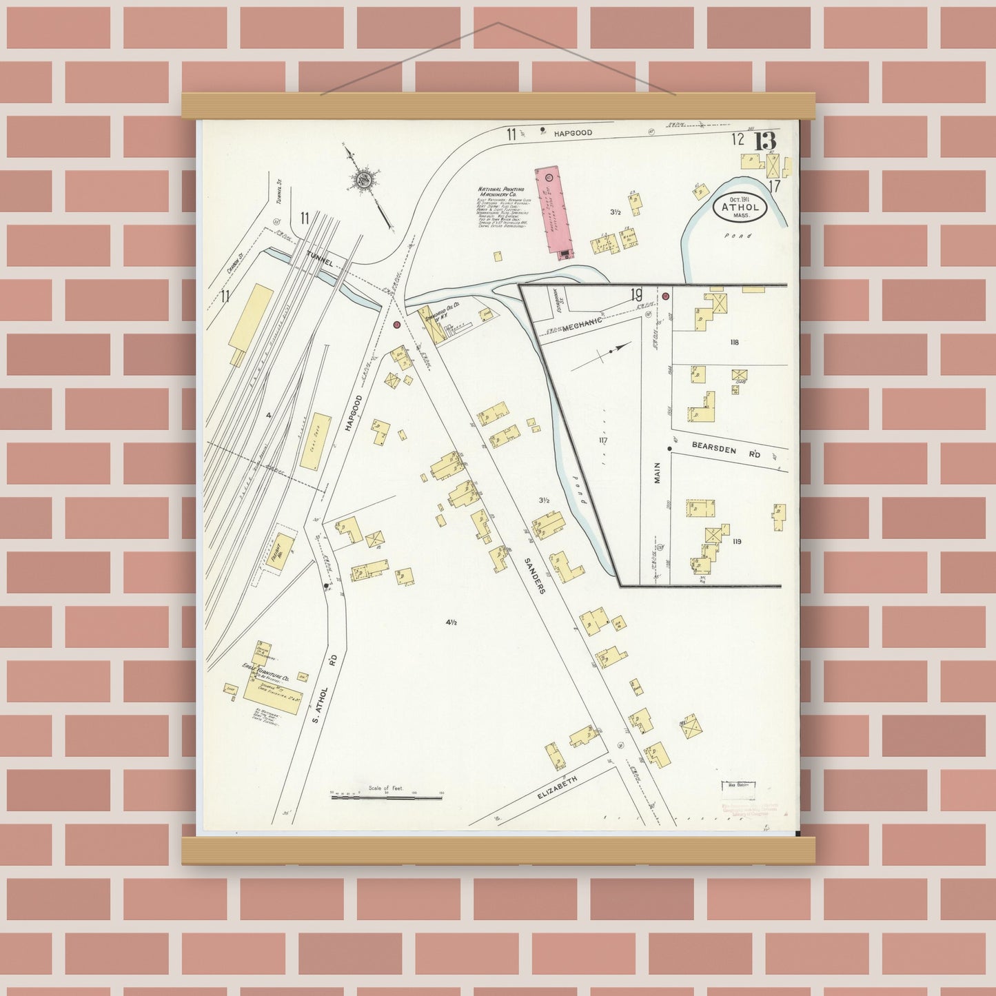 Old map wall art mockup — magnetic wood frame on brick wall — Sanborn Fire Insurance Map from Athol, Worcester County, Massachusetts (1911), Sheet #0013