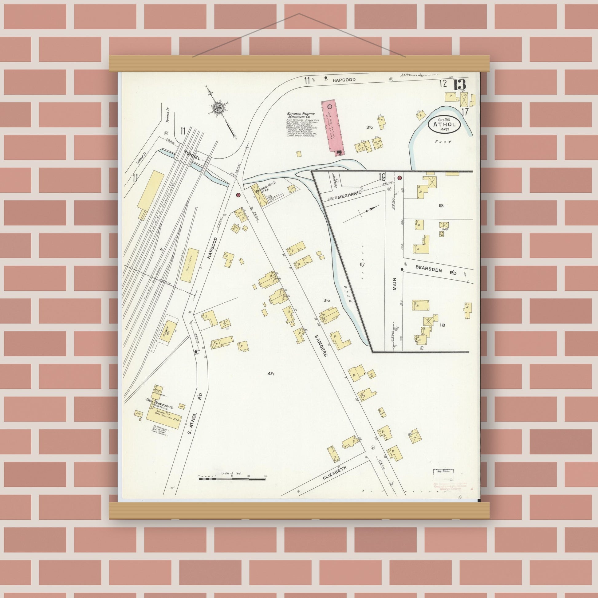 Old map wall art mockup — magnetic wood frame on brick wall — Sanborn Fire Insurance Map from Athol, Worcester County, Massachusetts (1911), Sheet #0013