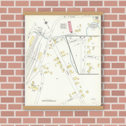 Old map wall art mockup — magnetic wood frame on brick wall — Sanborn Fire Insurance Map from Athol, Worcester County, Massachusetts (1911), Sheet #0013