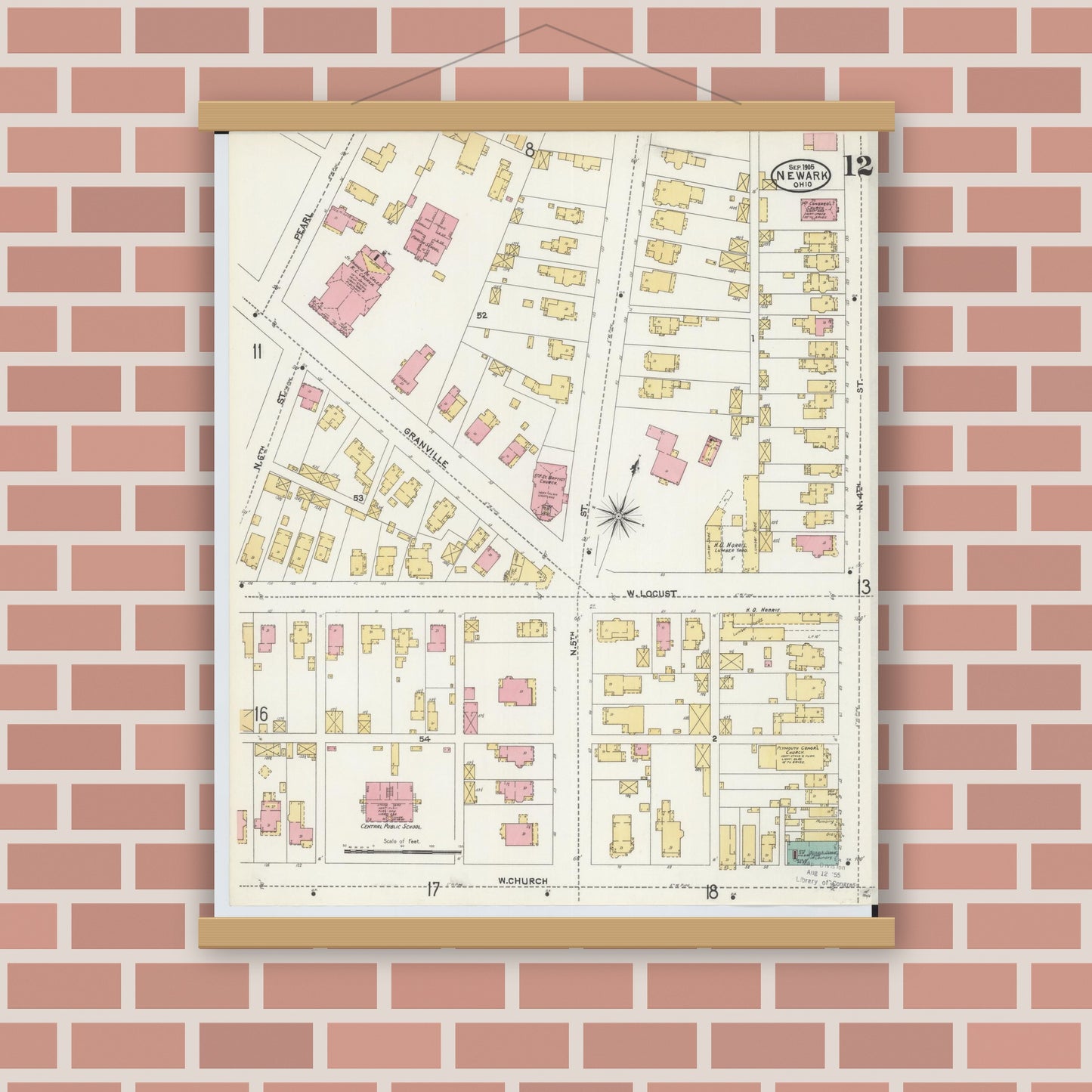 Old map wall art mockup — magnetic wood frame on brick wall — Sanborn Fire Insurance Map from Newark, Licking County, Ohio (1905), Sheet #0012