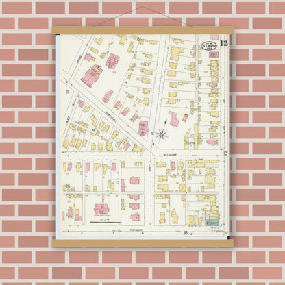 Old map wall art mockup — magnetic wood frame on brick wall — Sanborn Fire Insurance Map from Newark, Licking County, Ohio (1905), Sheet #0012