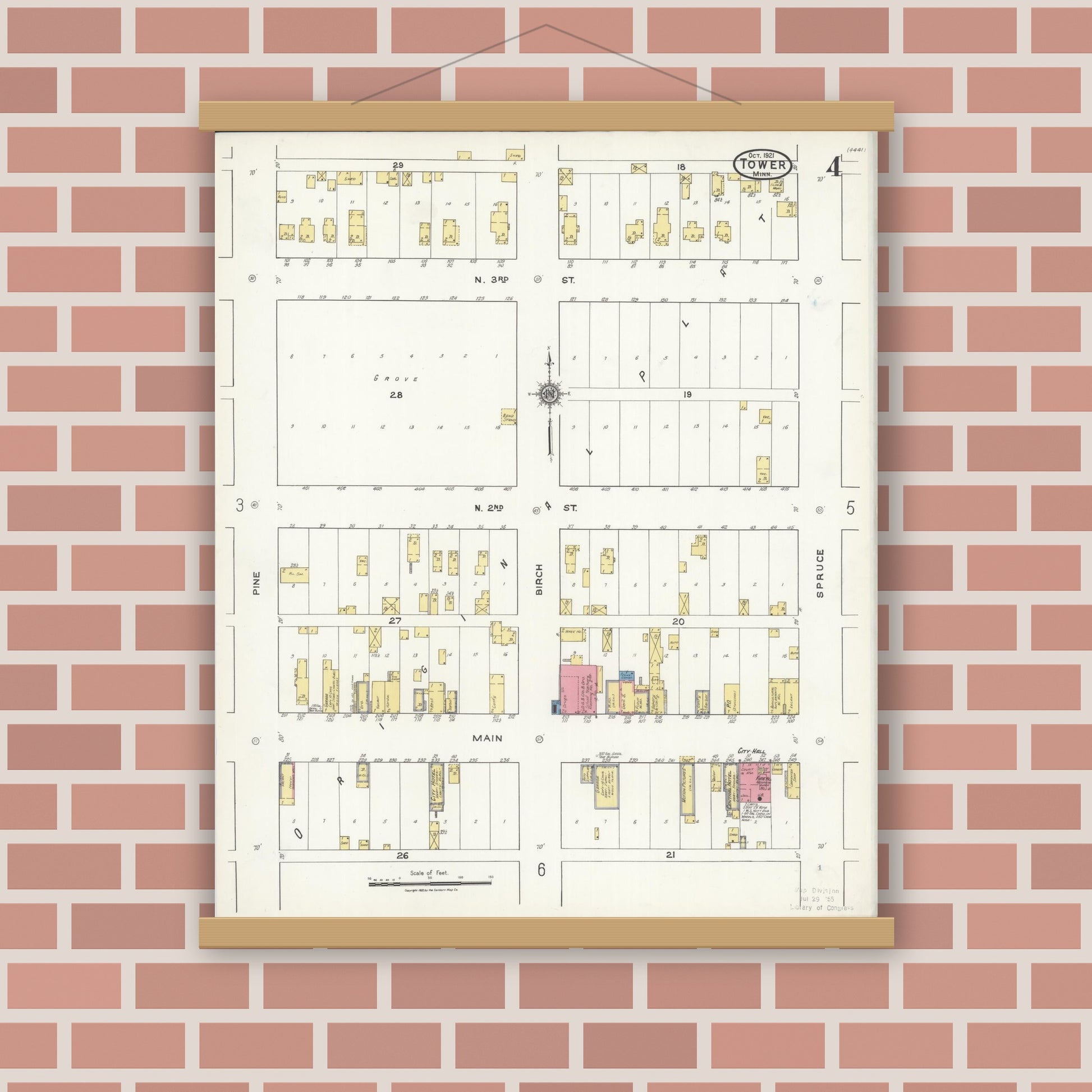 Old map wall art mockup — magnetic wood frame on brick wall — Sanborn Fire Insurance Map from Tower, Saint Louis County, Minnesota (1921), Sheet #0004