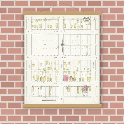 Old map wall art mockup — magnetic wood frame on brick wall — Sanborn Fire Insurance Map from Tower, Saint Louis County, Minnesota (1921), Sheet #0004