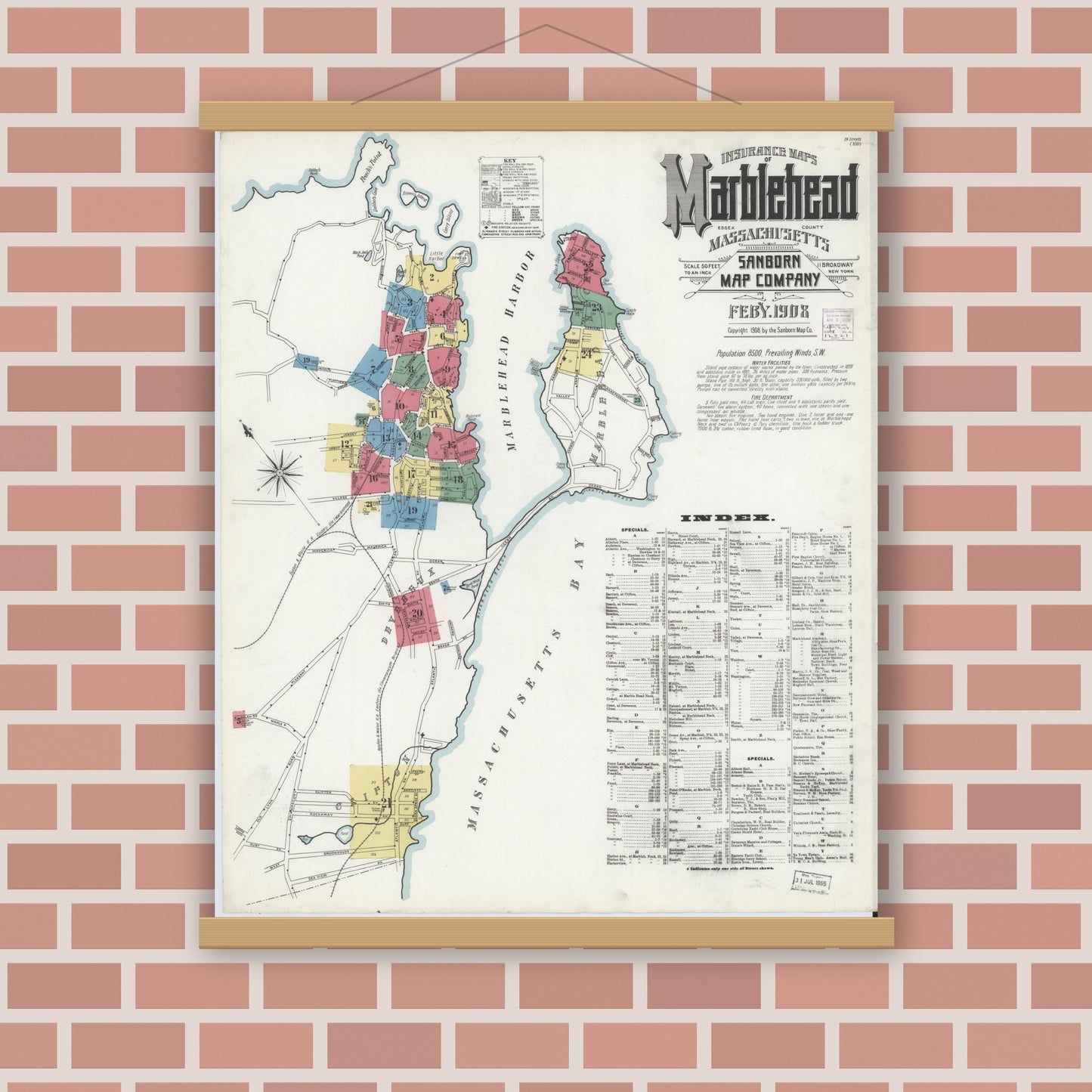 Old map wall art mockup — magnetic wood frame on brick wall — Sanborn Fire Insurance Map from Marblehead, Essex County, Massachusetts (1908) - Complete Map Set