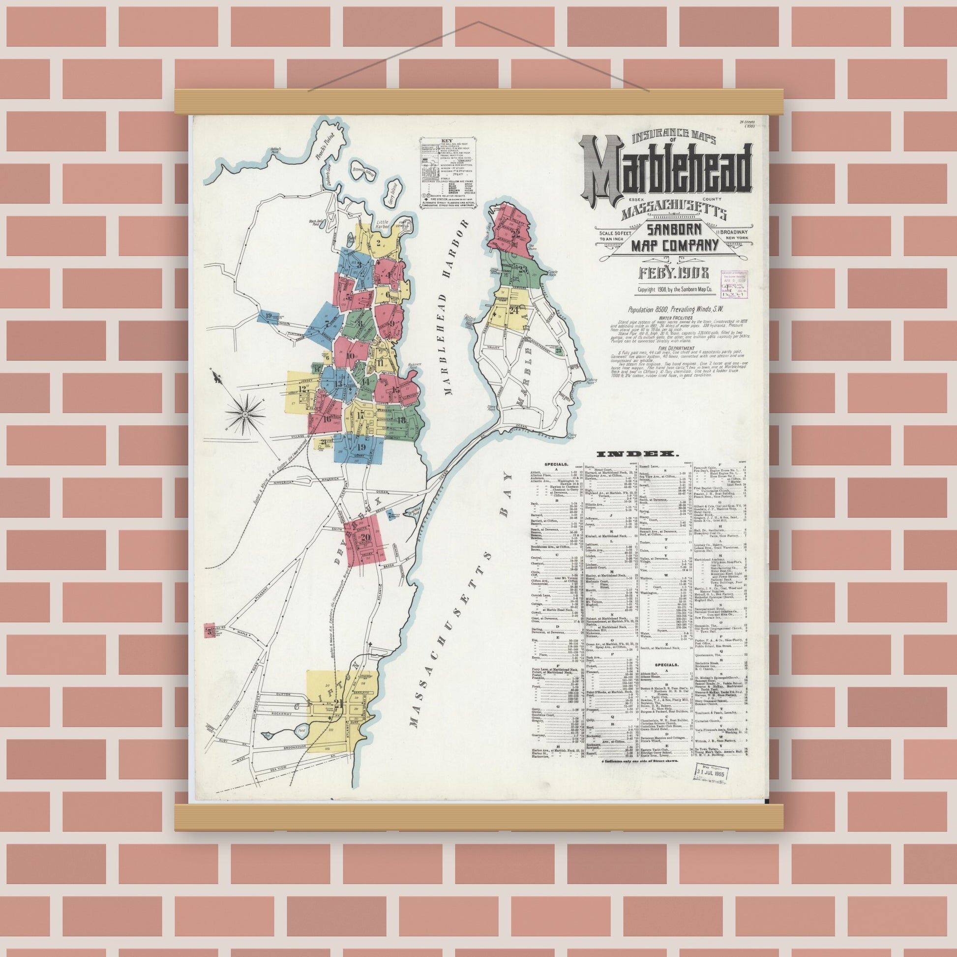 Old map wall art mockup — magnetic wood frame on brick wall — Sanborn Fire Insurance Map from Marblehead, Essex County, Massachusetts (1908) - Complete Map Set