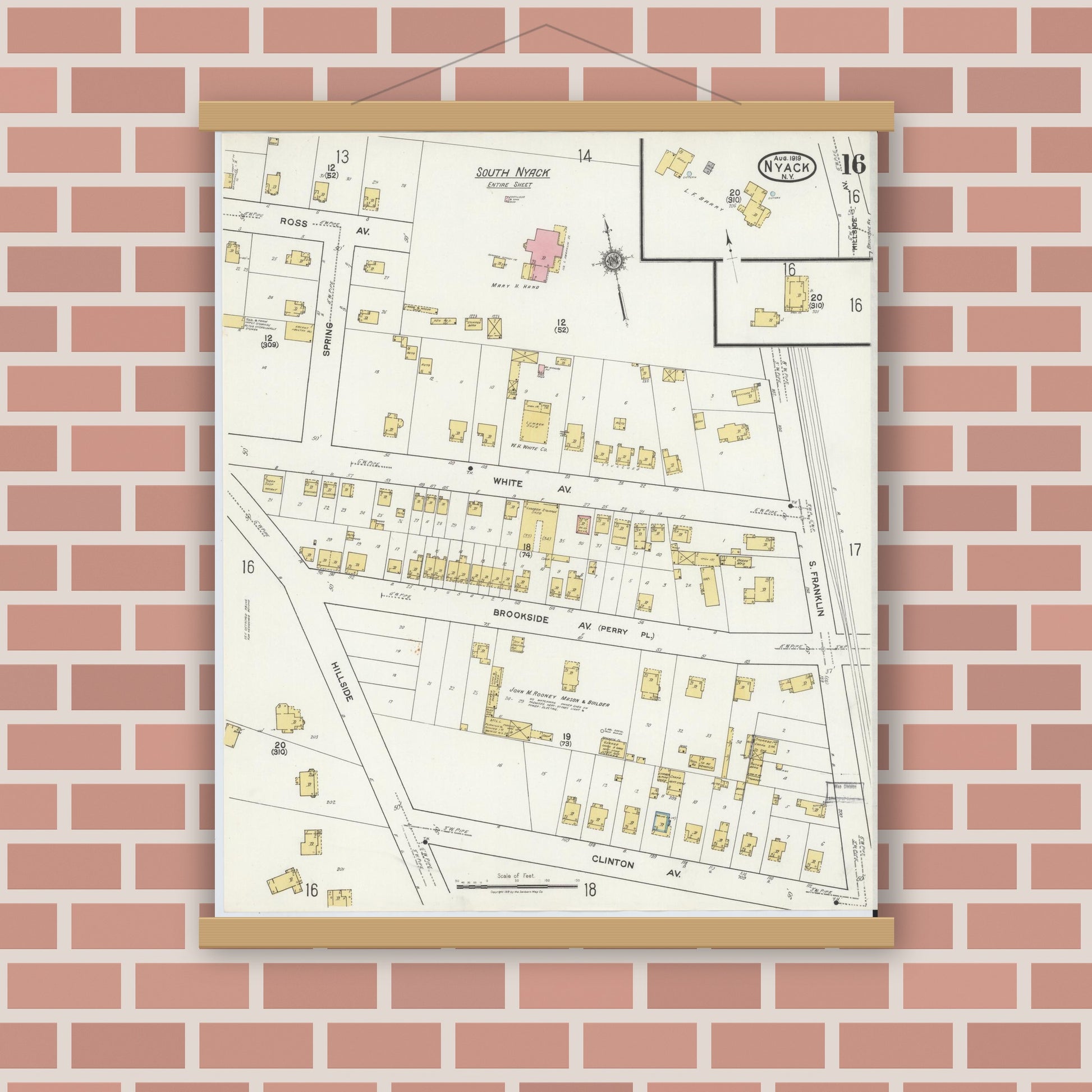 Old map wall art mockup — magnetic wood frame on brick wall — Sanborn Fire Insurance Map from Nyack, Rockland County, New York. (1919), Sheet #0016