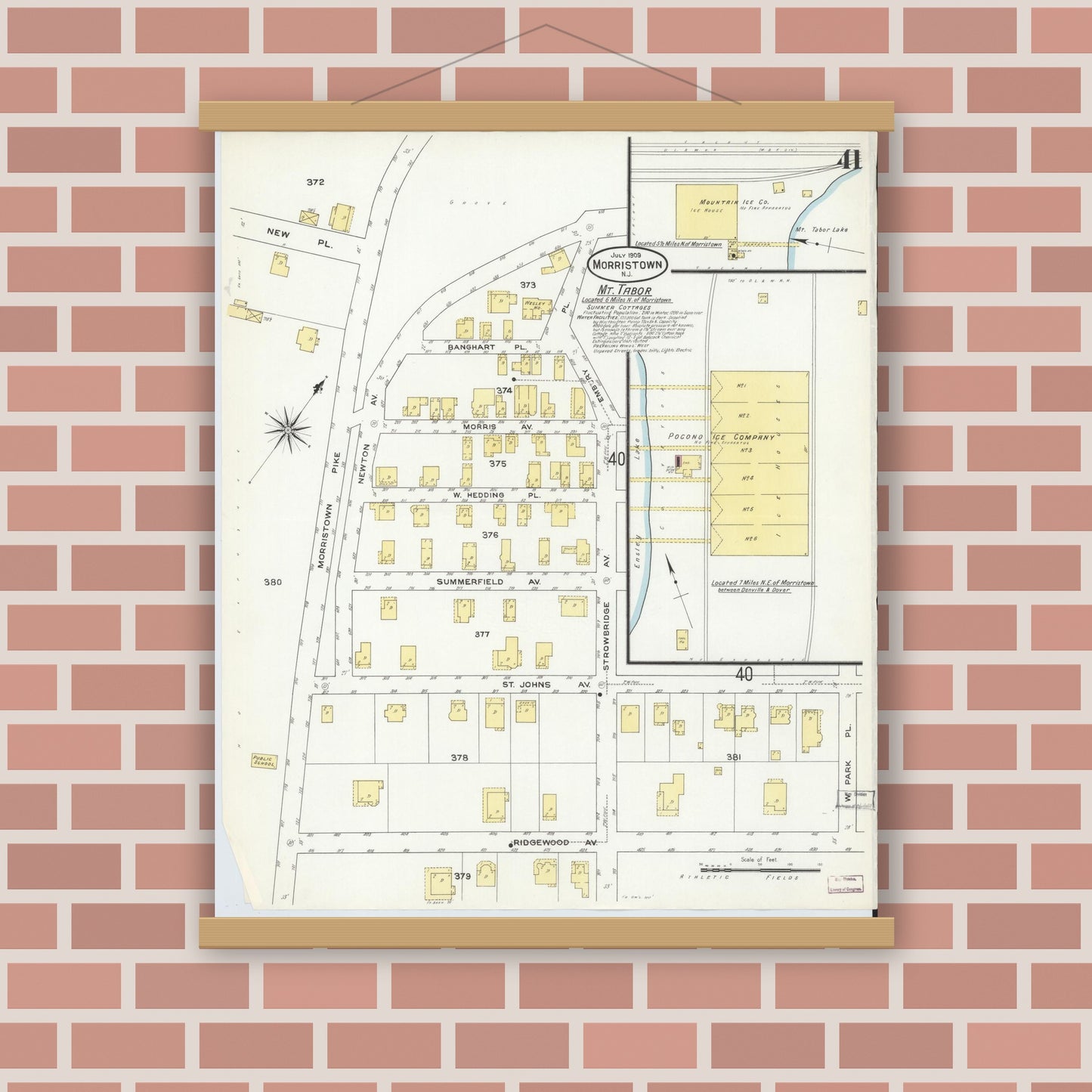 Old map wall art mockup — magnetic wood frame on brick wall — Sanborn Fire Insurance Map from Morristown, Morris County, New Jersey (1909), Sheet #0041