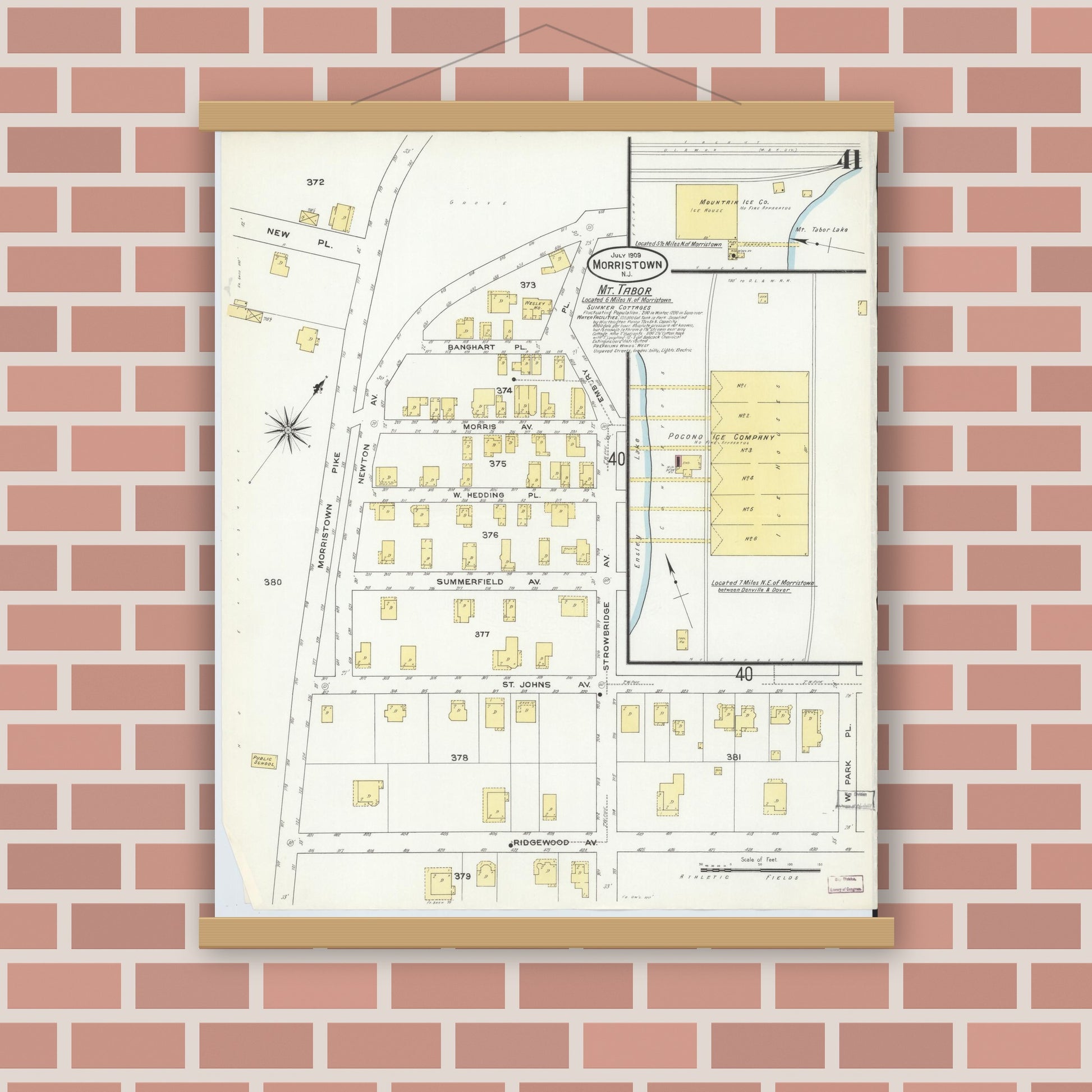 Old map wall art mockup — magnetic wood frame on brick wall — Sanborn Fire Insurance Map from Morristown, Morris County, New Jersey (1909), Sheet #0041