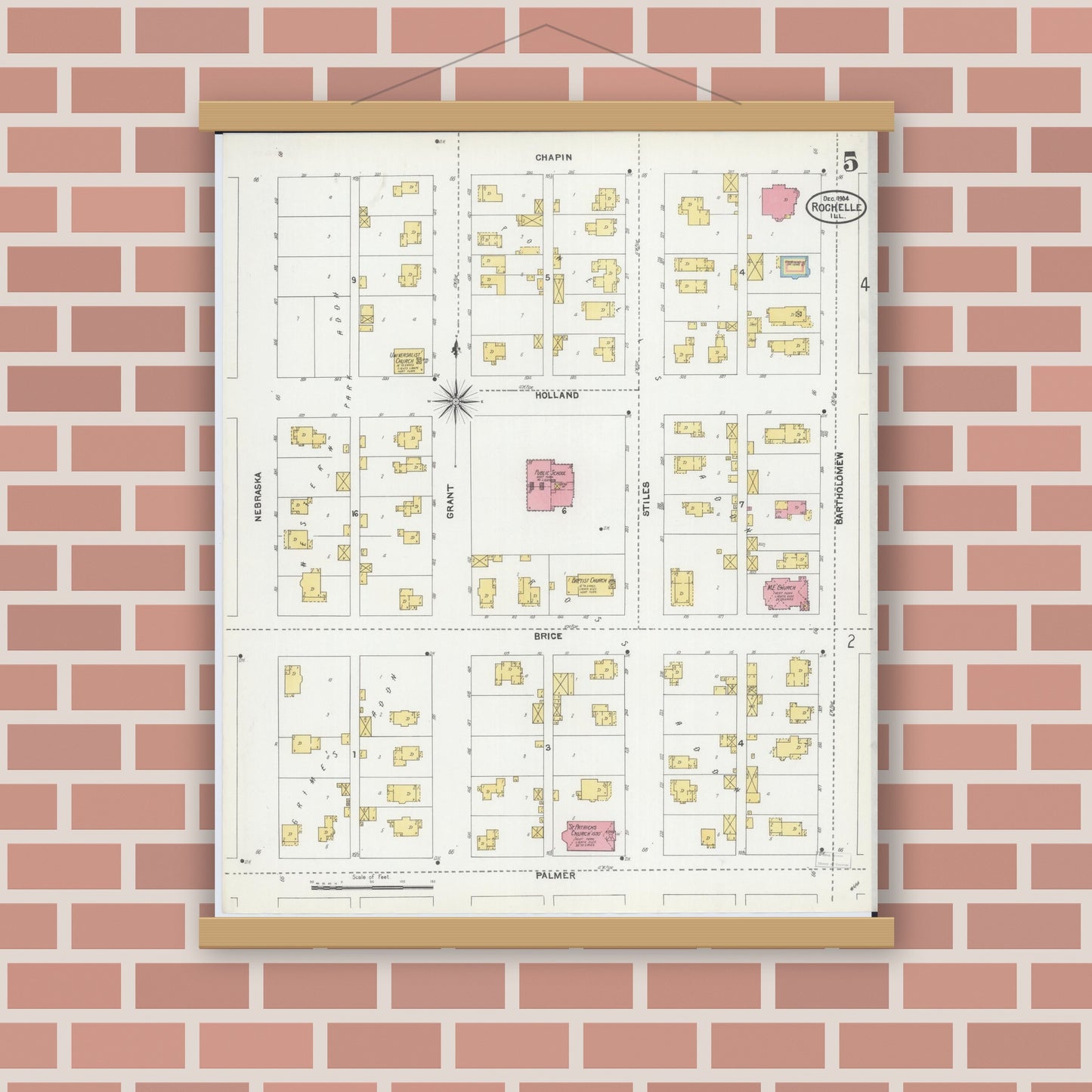 Old map wall art mockup — magnetic wood frame on brick wall — Sanborn Fire Insurance Map from Rochelle, Ogle County, Illinois (1904), Sheet #0005