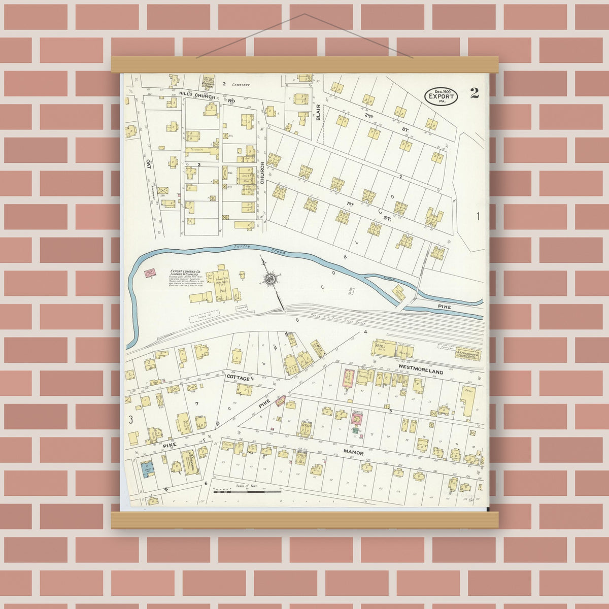 Old map wall art mockup — magnetic wood frame on brick wall — Sanborn Fire Insurance Map from Export, Westmoreland County, Pennsylvania (1909), Sheet #0002