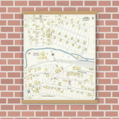 Old map wall art mockup — magnetic wood frame on brick wall — Sanborn Fire Insurance Map from Export, Westmoreland County, Pennsylvania (1909), Sheet #0002