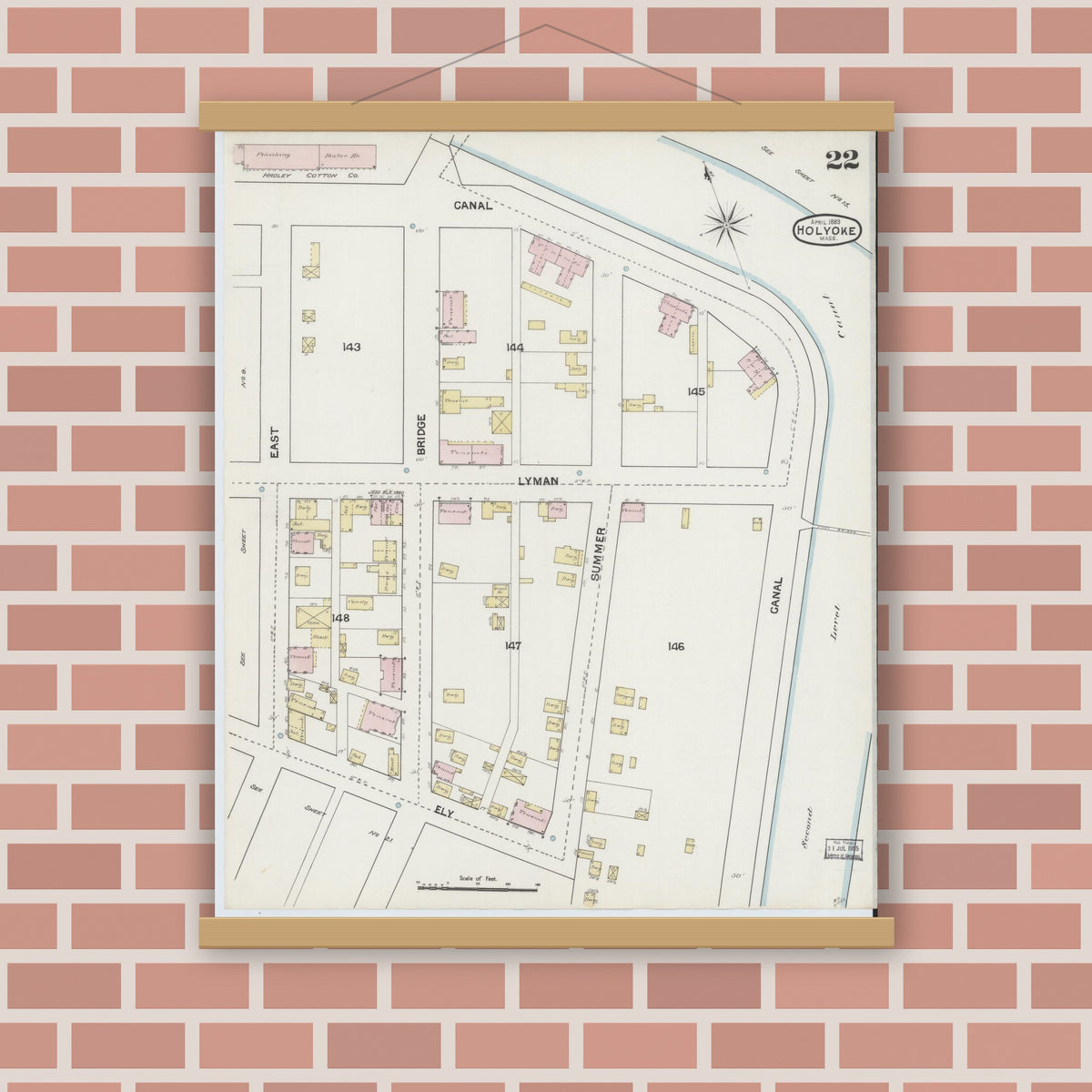 Old map wall art mockup — magnetic wood frame on brick wall — Sanborn Fire Insurance Map from Holyoke, Hampden County, Massachusetts (1889), Sheet #0022