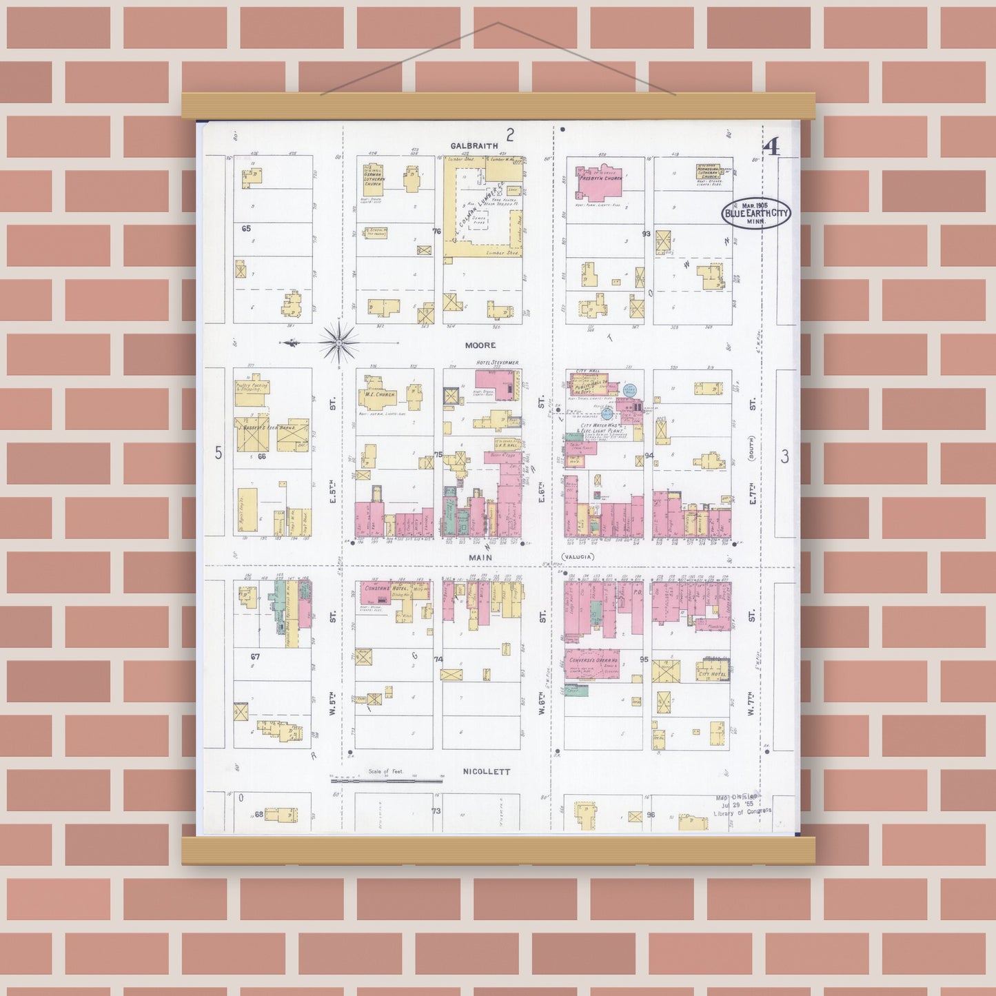 Old map wall art mockup — magnetic wood frame on brick wall — Sanborn Fire Insurance Map from Blue Earth, Faribault County, Minnesota (1905), Sheet #0004