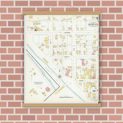 Old map wall art mockup — magnetic wood frame on brick wall — Sanborn Fire Insurance Map from McConnelsville, Morgan County, Ohio (1901), Sheet #0002