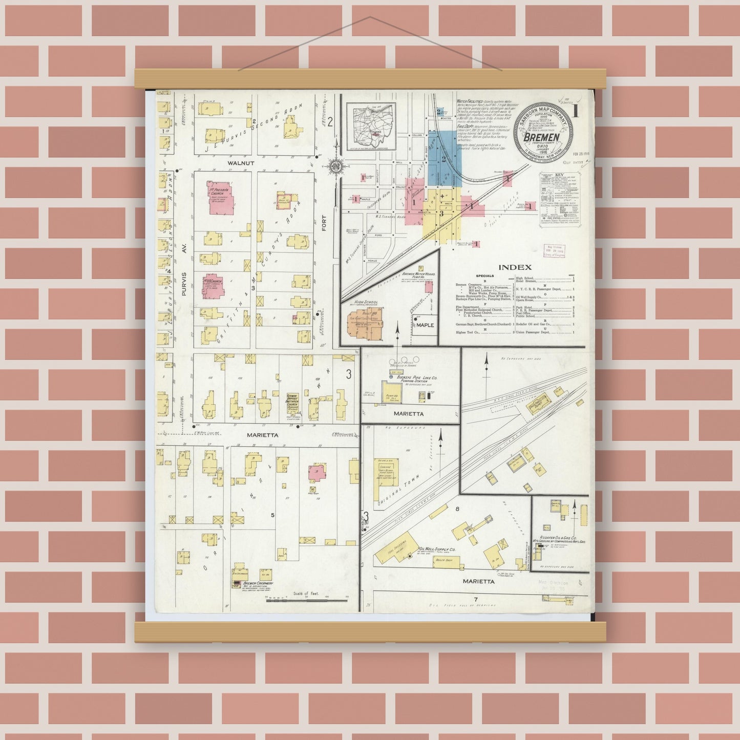 Old map wall art mockup — magnetic wood frame on brick wall — Sanborn Fire Insurance Map from Bremen, Fairfield County, Ohio (1916), Sheet #0001