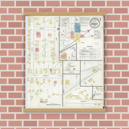 Old map wall art mockup — magnetic wood frame on brick wall — Sanborn Fire Insurance Map from Bremen, Fairfield County, Ohio (1916), Sheet #0001
