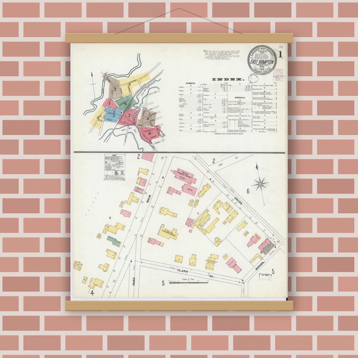 Old map wall art mockup — magnetic wood frame on brick wall — Sanborn Fire Insurance Map from East Hampton, Hampshire County, Massachusetts (1902) - Complete Map Set