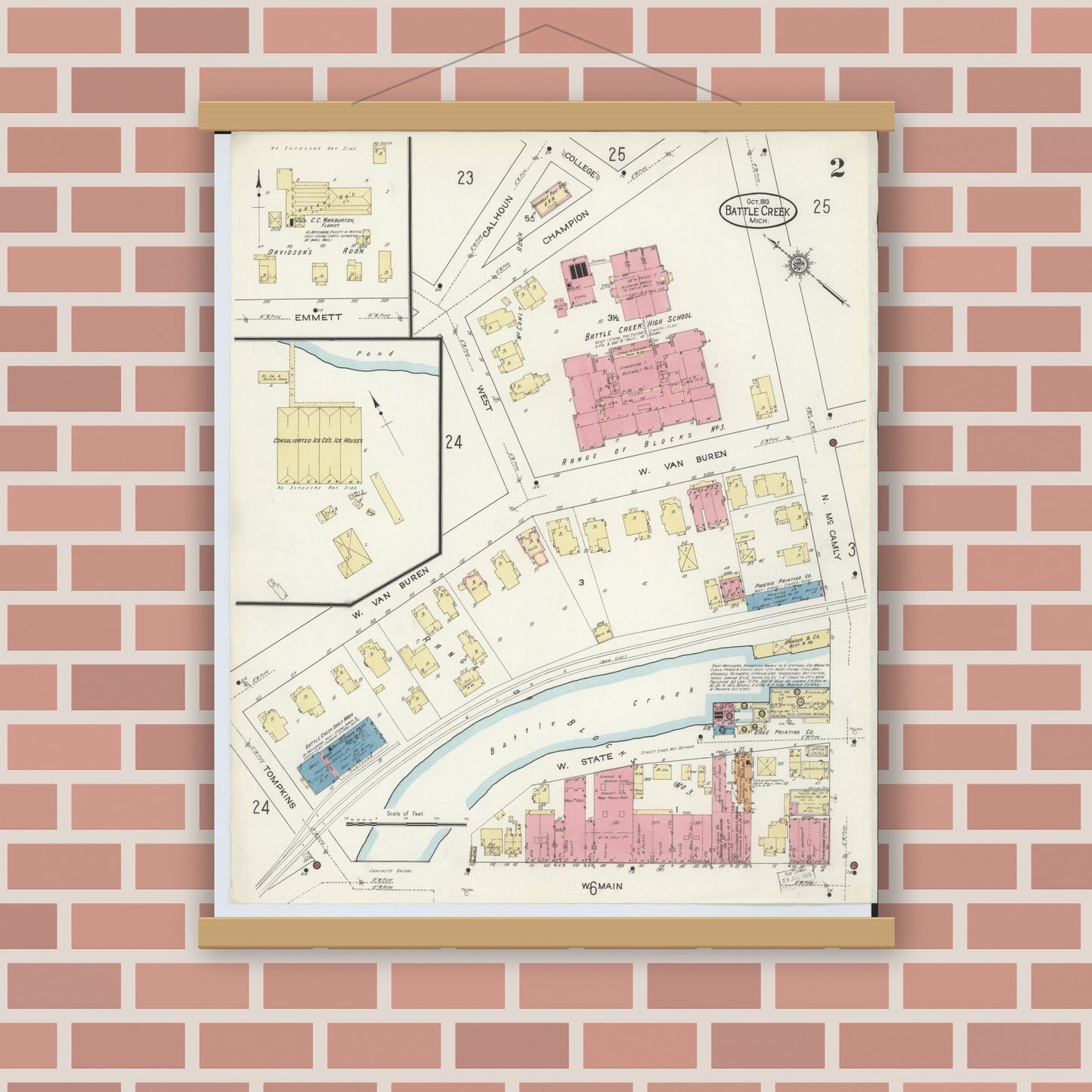 Old map wall art mockup — magnetic wood frame on brick wall — Sanborn Fire Insurance Map from Battle Creek, Calhoun County, Michigan (1913), Sheet #0002