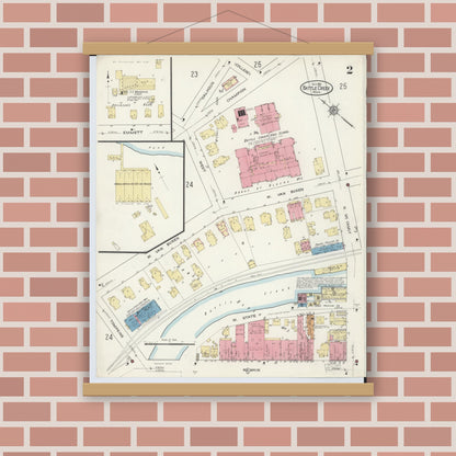 Old map wall art mockup — magnetic wood frame on brick wall — Sanborn Fire Insurance Map from Battle Creek, Calhoun County, Michigan (1913), Sheet #0002