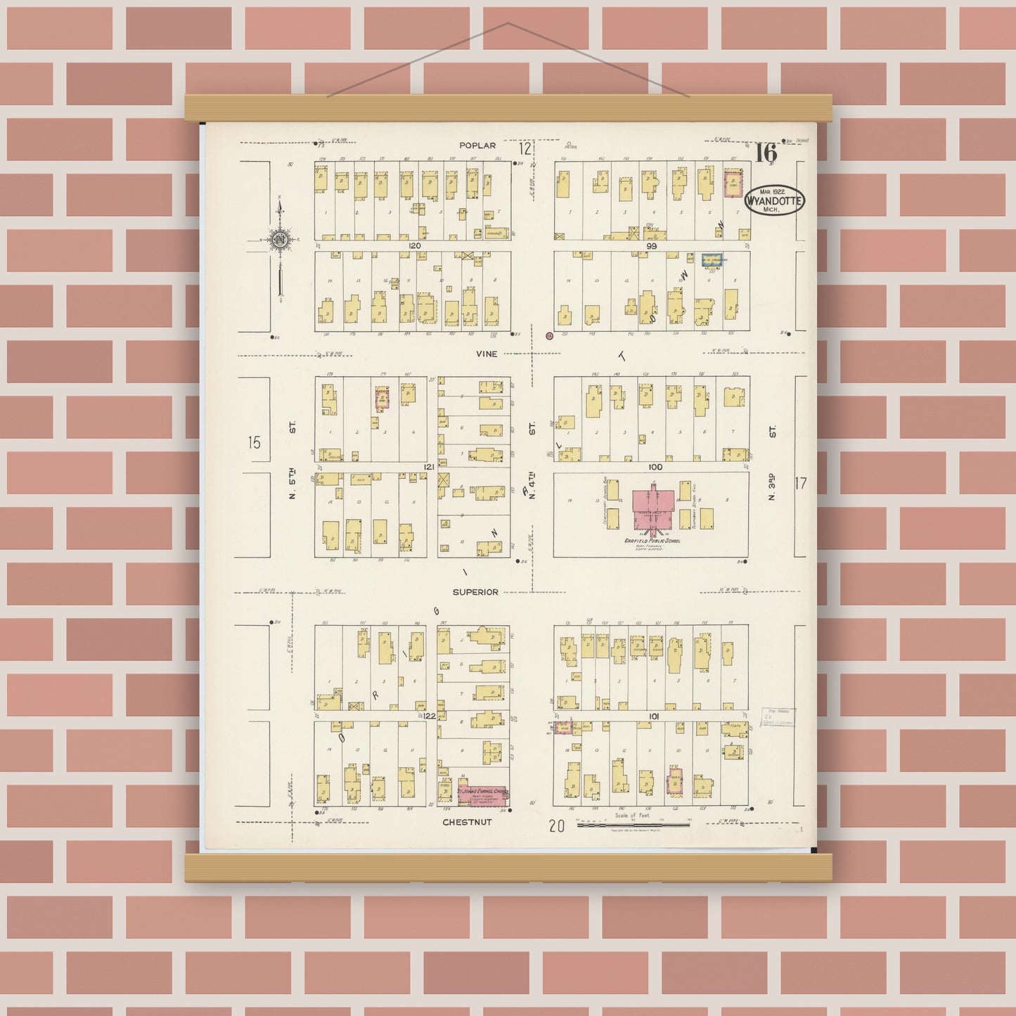 Old map wall art mockup — magnetic wood frame on brick wall — Sanborn Fire Insurance Map from Wyandotte, Wayne County, Michigan (1922), Sheet #0016