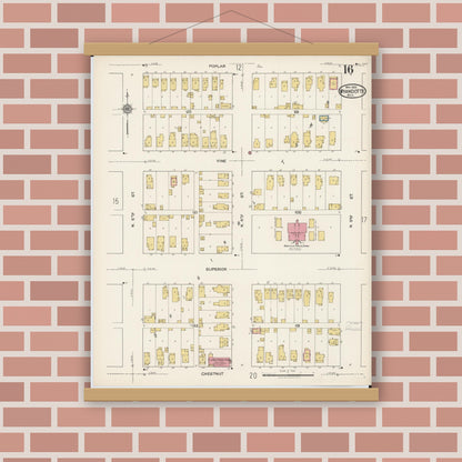 Old map wall art mockup — magnetic wood frame on brick wall — Sanborn Fire Insurance Map from Wyandotte, Wayne County, Michigan (1922), Sheet #0016