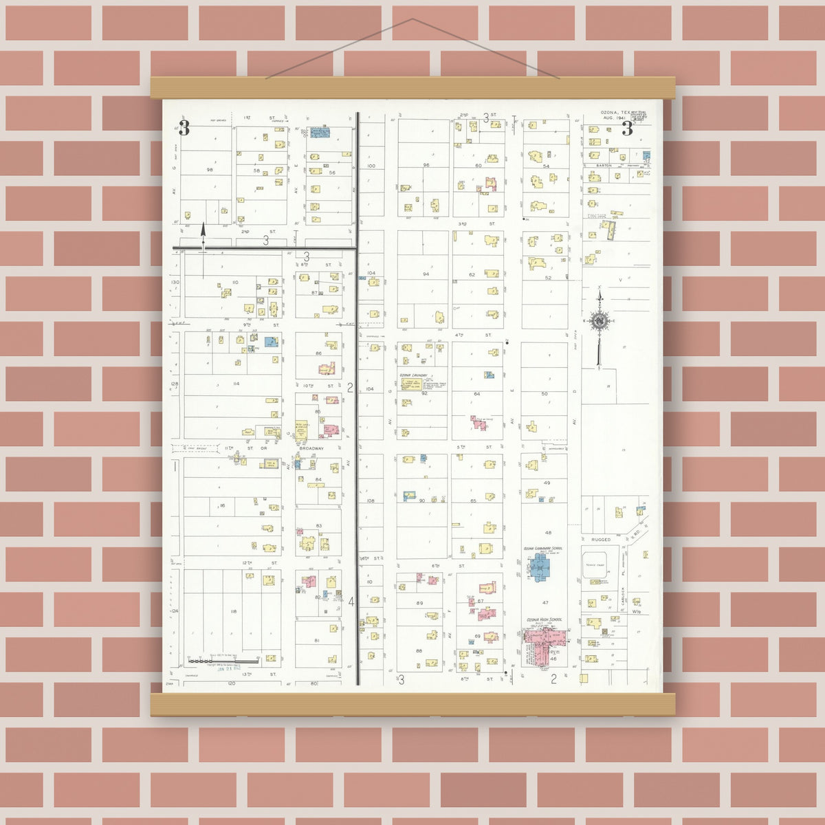 Old map wall art mockup — magnetic wood frame on brick wall — Sanborn Fire Insurance Map from Ozona, Crockett County, Texas (1941), Sheet #0003