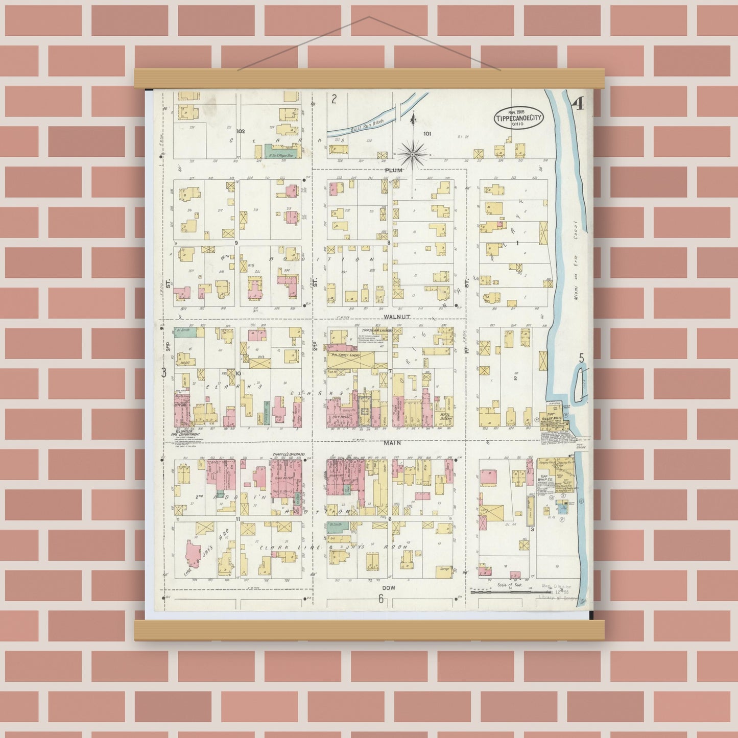 Old map wall art mockup — magnetic wood frame on brick wall — Sanborn Fire Insurance Map from Tipp City, Miami County, Ohio (1905), Sheet #0004