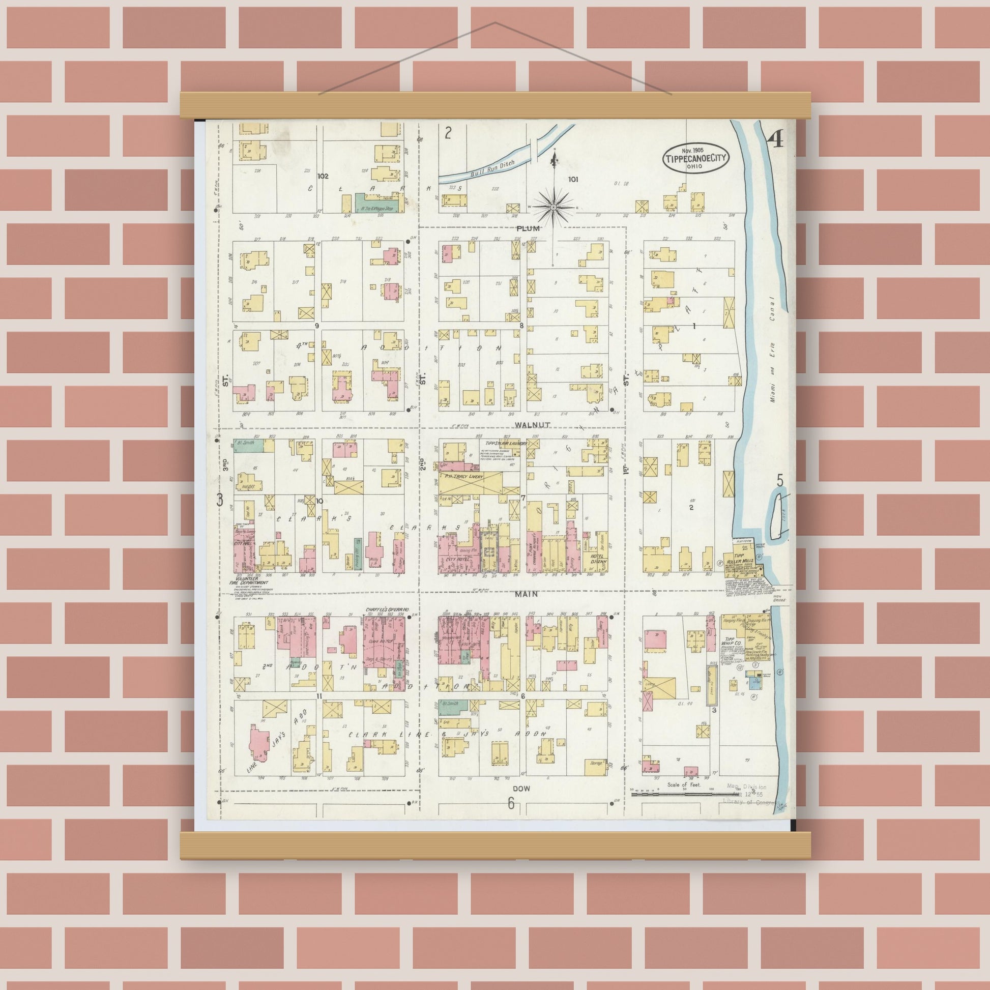 Old map wall art mockup — magnetic wood frame on brick wall — Sanborn Fire Insurance Map from Tipp City, Miami County, Ohio (1905), Sheet #0004