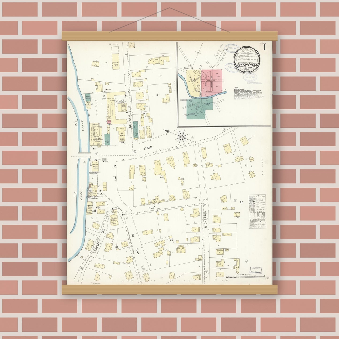 Old map wall art mockup — magnetic wood frame on brick wall — Sanborn Fire Insurance Map from Sutter Creek, Amador County, California (1898) - Complete Map Set