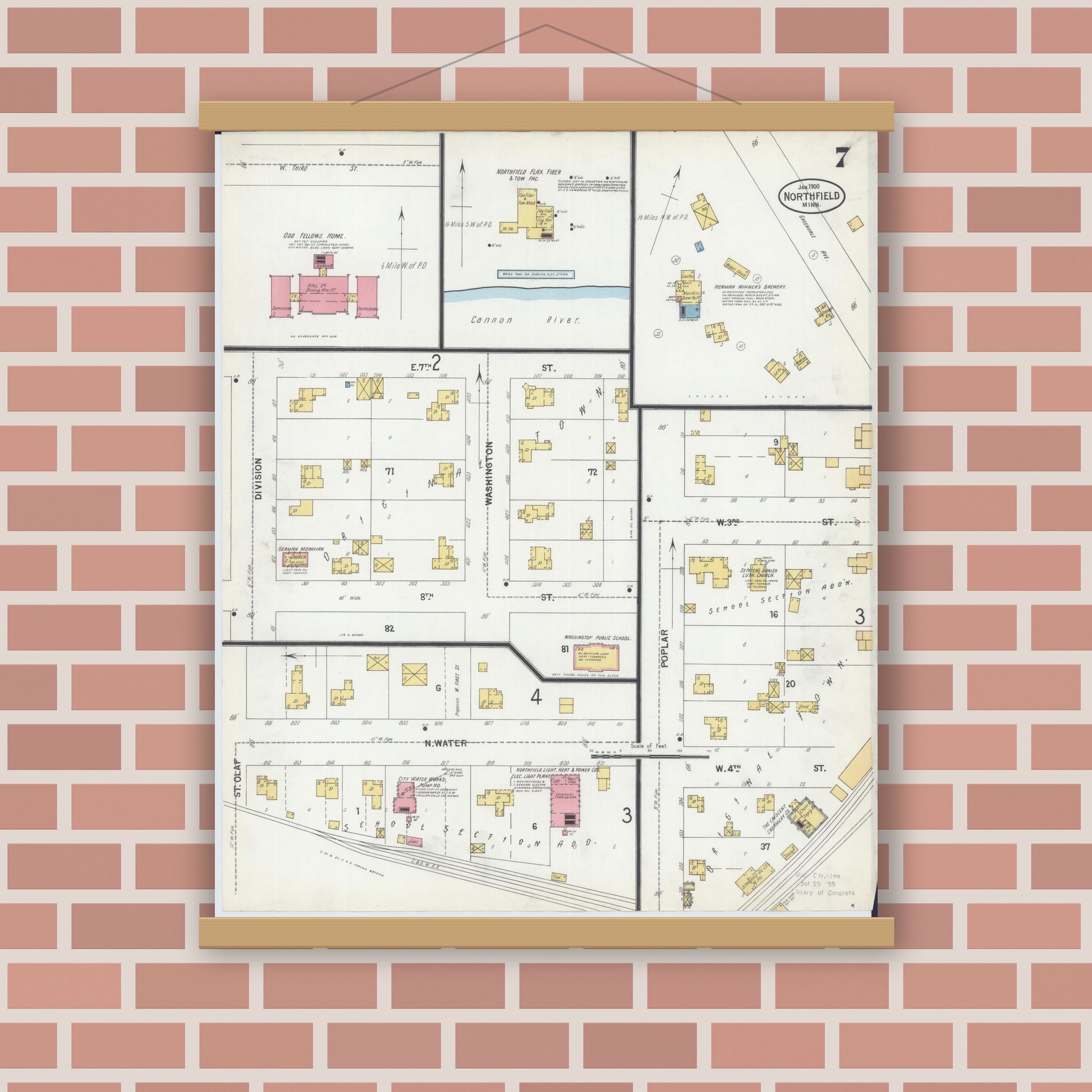 Old map wall art mockup — magnetic wood frame on brick wall — Sanborn Fire Insurance Map from Northfield, Rice County, Minnesota (1900), Sheet #0007
