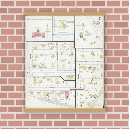 Old map wall art mockup — magnetic wood frame on brick wall — Sanborn Fire Insurance Map from Northfield, Rice County, Minnesota (1900), Sheet #0007