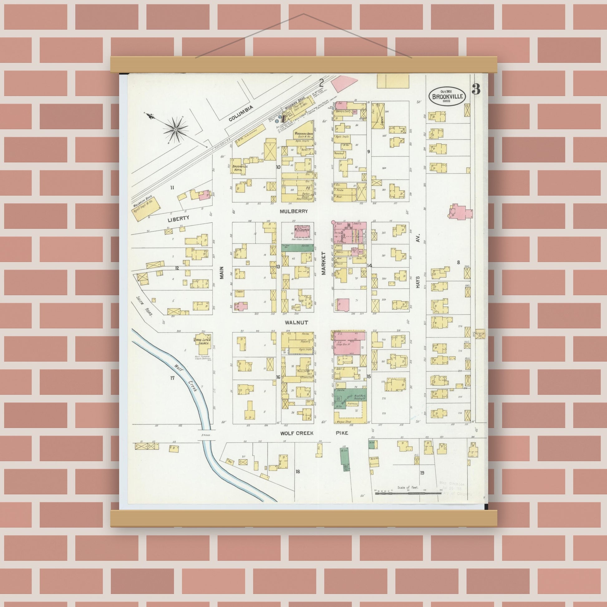 Old map wall art mockup — magnetic wood frame on brick wall — Sanborn Fire Insurance Map from Brookville, Montgomery County, Ohio (1901), Sheet #0003